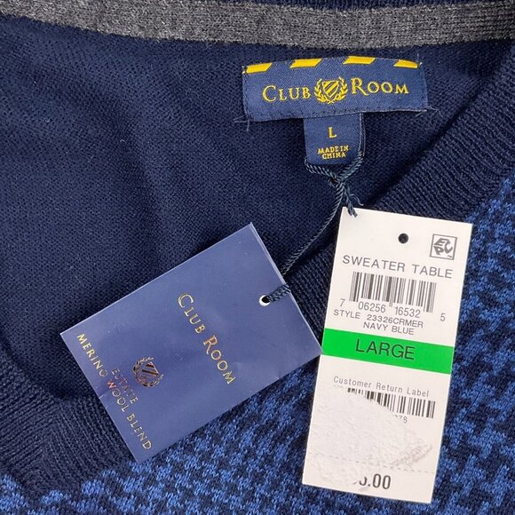 Club Room Sweater Mens Large Blue Black Houndstooth Classic Merino Wool NWT - Picture 4 of 10